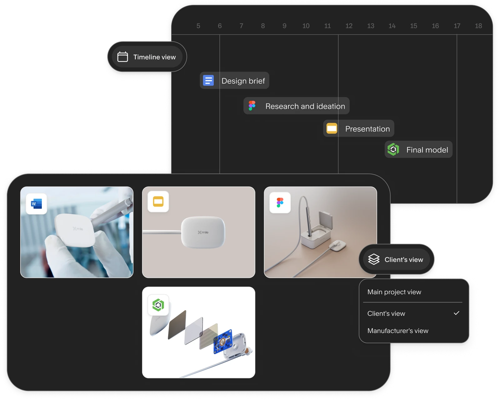 Timeline, client, and manufacturer views in Naya